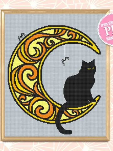 Halloween cat on crescent moon cross stitch pattern PDF download Black cat cross stitch chart, Mandala moon pattern digital PDF #M170 $4.70