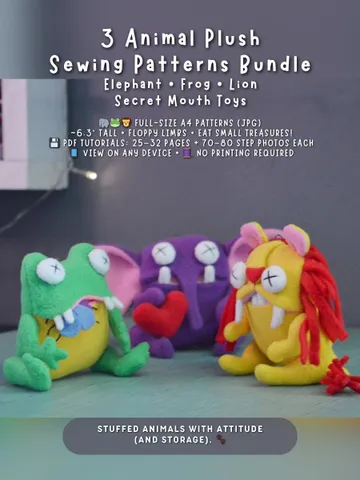 Plush Toy PDF Patterns – Fleece Softies Set: Lion, Frog & Elephant $26.00