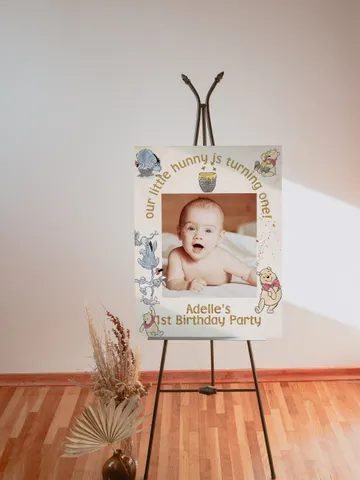 PhotoFrame Board Winnie the Pooh Birthday Party; Winnie Pooh 1st Birthday Editable Photo frame Banner Birthday Party Decoration Winnie Wpg13 $11.62