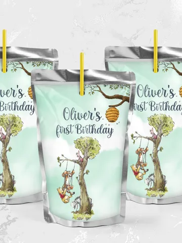 Editable Juice Label Hundred Acre Wood First Birthday party juice label; Winnie the Pooh Party; Classic Pooh Party Birthday ; wp5 $10.45