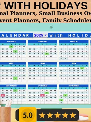 2024-25 Calendar Template with Holidays | Printable & Editable Google Sheets Calendar |Monthly Yearly Planner | Customizable Holiday Planner $5.46