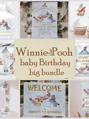 Christmas Winnie Pooh Birthday Bundle; Editable 1st Birthday Party Template; Winnie Pooh Birthday Party; Hundred Acre Wood Birthday xpooh1 $46.00