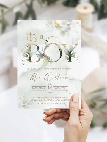 It's a Boy Baby Shower Invitation Template; Greenery Boy baby shower; Green Gold Leaves Baby Boy Invite; Botanical Eucalyptus Baby Shower $11.62