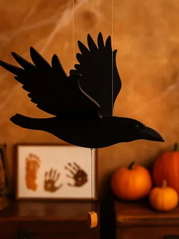 Wooden Halloween Raven Mobile - Hanging Black Bird Decoration with Moving Wings - Spooky Fall Home Decor - Handmade Halloween Gift $66.47