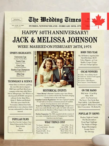 50th wedding anniversary gifts, 50th anniversary gifts for parents, 50th anniversary newspaper, 1975 wedding anniversary gift for him CANADA $15.00