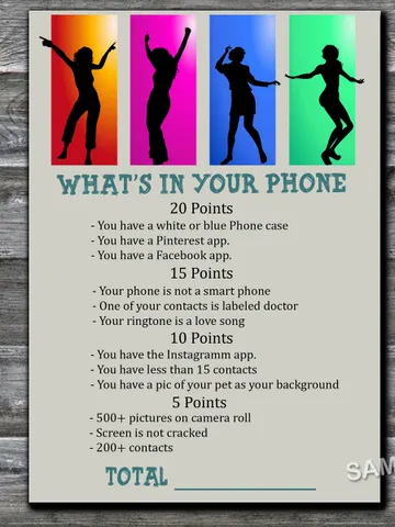Dance party What's in Your Phone Birthday Party Game,Adult Birthday party game-fun games for her-Instant download $1.75