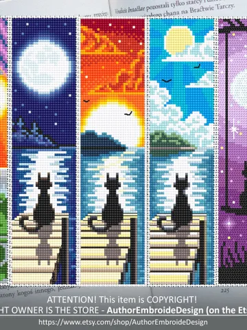 Cat Bookmark set cross stitch pattern download PDF Handmade bookmark cross stitch, Black cat embroidery, Sunset, Nature landscape Moon #B112 $17.45