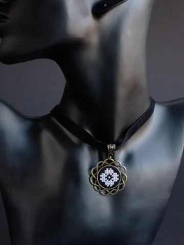 Black white Ukrainian necklace with pendant Velvet black ribbon four leaf clover choker Jewelry for vyshyvanka Irish style charm $29.00