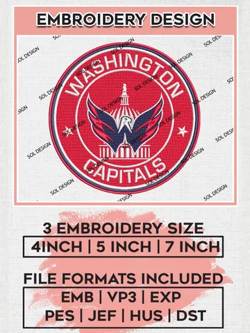 Washington Capitals NHL Round Logo Embroidery Files, NHL Washington Capitals Team Embroidery Designs, NHL Embroidery Designs, NHL Machine Embroidery Designs, Digital Download