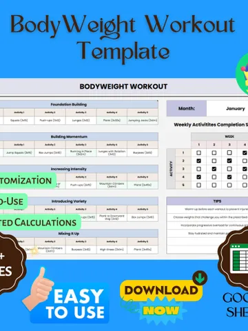 Bodyweight Workout Template, Editable Google Sheets, Digital Download for At-Home Fitness & Strength Training $8.26