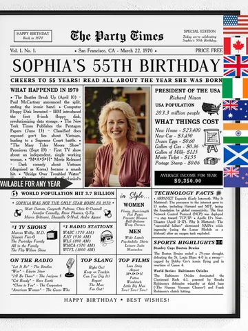 55th Birthday Gift for Men or Women, 55th Birthday Newspaper Poster Sign Back in 1970, Mens Birthday Gift, Gift for him, Gift for Her $15.99