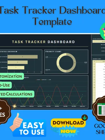 Task Tracker Dashboard Template, Editable Google Sheets, Project Task Management Tool, Progress Monitoring Sheet $8.26