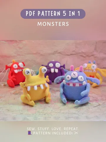 PDF Plush Toy Patterns β 5 Cute Fleece Monster Softies Set $32.00