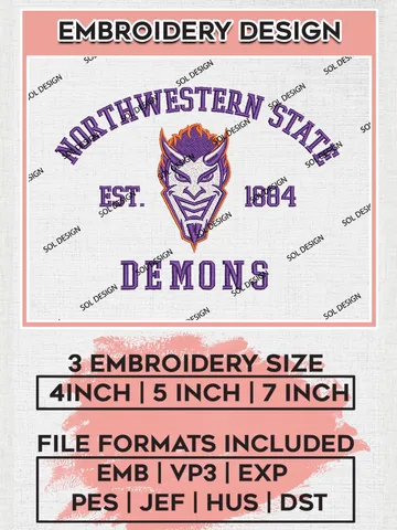 Northwestern State Demons Est 1884 Logo Embroidery Designs, NCAA Northwestern State Demons Team Embroidery, NCAA Team Logo, 3 sizes, Machine embroidery Files, Digital Download $6.99