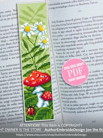 Mushroom bookmark cross stitch download PDF Magic Mushroom cross stitch Floral embroidery Summer cross stitch chart Book lover gift #B47 $4.40