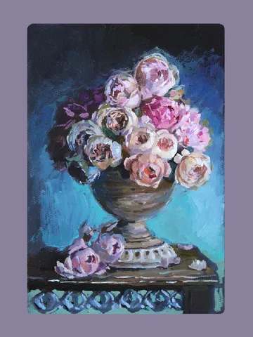 Oil painting a large bouquet of flowers in a classic style. 4.8 x7" Miniature $50.00