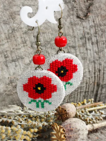 Ukrainian red coral earrings dangle Folk traditional Ukrainian souvenir Cottagecore poppies wildflower earrings Linen cloth jewelry $40.20