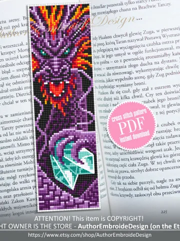 Dragon bookmark cross stitch pattern PDF download Fantasy purple dragon cross stitch chart, Chinese dragon pattern, Chinese New Year #B274 $4.40