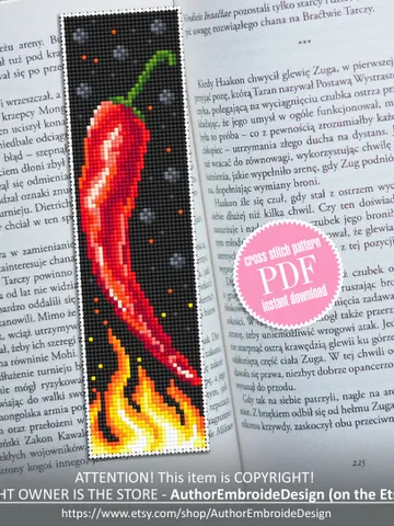 Funny bookmark cross stitch pattern download PDF Hot chili pepper cross stitch chart, Digital bookmark pattern PDF, Kitchen embroidery #B148 $4.40