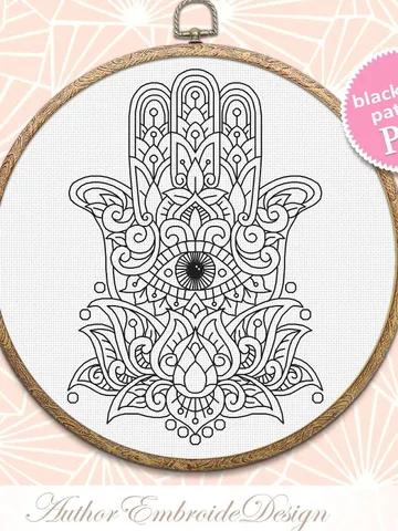 Hamsa hand with lotus flower blackwork pattern PDF Hand of fatima blackwork embroidery download PDF, Backstitch chart Hamsa charm #W27 $4.60