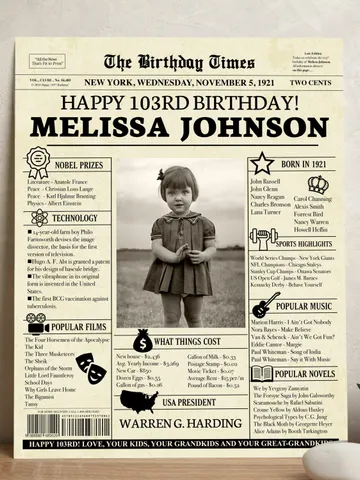 103rd birthday, 103rd birthday newspaper poster sign, custom gift for grandma, gift for grandma from granddaughter, unique gift for grandma $15.00