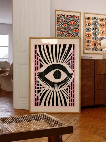 Eye Art Print Set, Bold Eye Poster, Pink Accent Graphic Print, Abstract Eye Wall Art, Minimal Eye Illustration, instant Digital Download