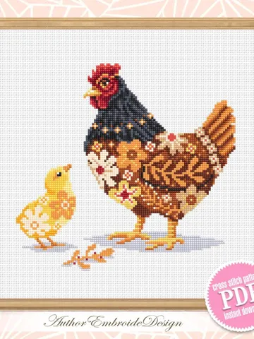 Floral chicken cross stitch pattern PDF download Chicken mom cross stitch chart, Flower pattern digital PDF, Farmhouse bird, Mother Hen #K64 $4.60