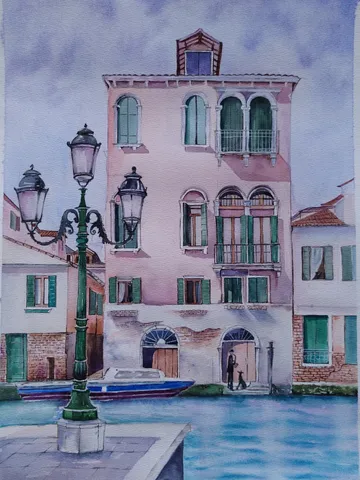 Original Watercolor Painting Urban Landscape Art Pink House Artwork House on Venetian Canal Picture 30x40 cm by SoftWaves $205.00