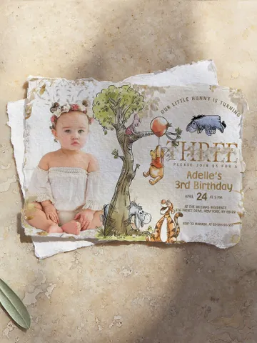 3rd Birthday Winnie the Pooh Inspired ; Classic Winnie Pooh Invitations; Neutral Winnie Pooh Turning three Winnie Pooh Birthday Party poom88 $12.78