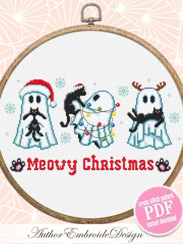 Christmas ghost with black cat cross stitch pattern PDF download Cute ghost cross stitch chart, Meowy Christmas pattern digital PDF #N152 $4.60