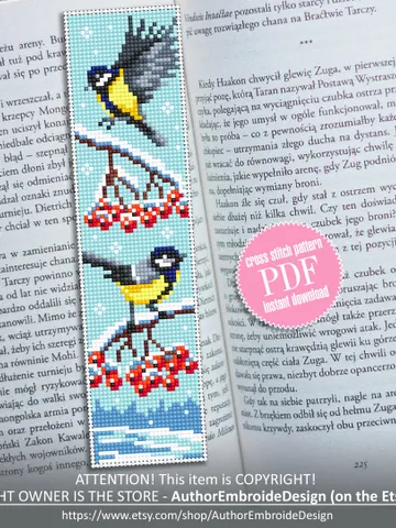 Bookmark winter birds cross stitch pattern download PDF Handmade bookmark tits embroidery beginners Winter holiday cross stitch sampler #B40 $4.40