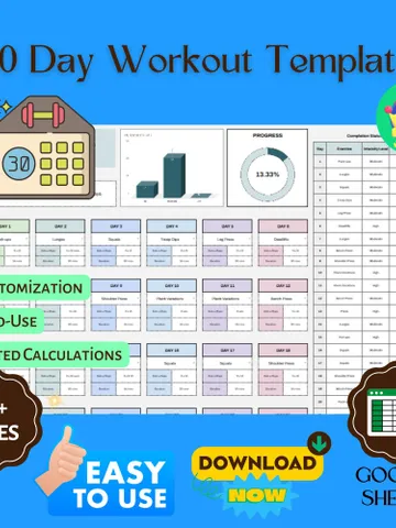 30 Day Workout Template, Editable Google Sheets, Digital Download for Fitness Planning & Progress Tracking $6.86