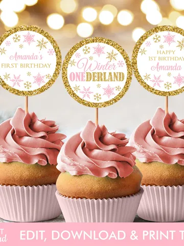 Winter Onederland Birthday Cupcake Toppers, Winter Onederland Birthday Girl Decorations, Snowflakes Cake Toppers, 1st Birthday Template $4.00