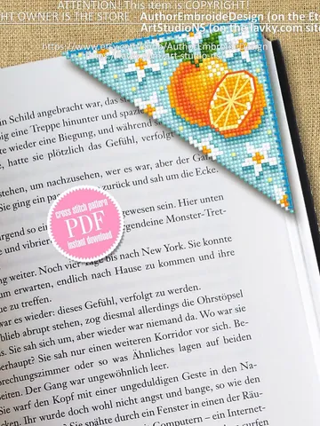 Corner bookmark cross stitch pattern PDF download Orange fruit cross stitch chart, Floral bookmark corner digital PDF, Book lover gift #B181 $4.10