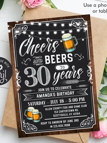 Cheers and Beers to 30 Years Invitation, Cheers and Beers to 30 Years, 40 Years, 50 Years Invitation, Editable Adult Birthday Invitation $7.00