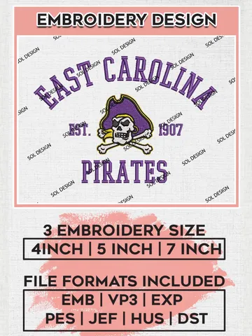 East Carolina Pirates Est 1907 Logo Embroidery Designs, NCAA East Carolina Pirates Team Embroidery, NCAA Team Logo, 3 sizes, Machine embroidery Files, Digital Download $6.99