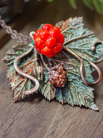 Handmade Copper Pendant Glass Cloudberry Beads, Natural Jewelry, Electroforming, Metal Real Leaf, Great Gift for Her $49.00