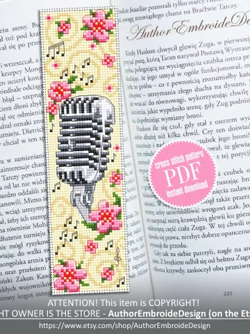 Music bookmark cross stitch pattern PDF download Retro Vintage microphone cross stitch chart, Flower bookmark pattern digital PDF #B410 $4.40