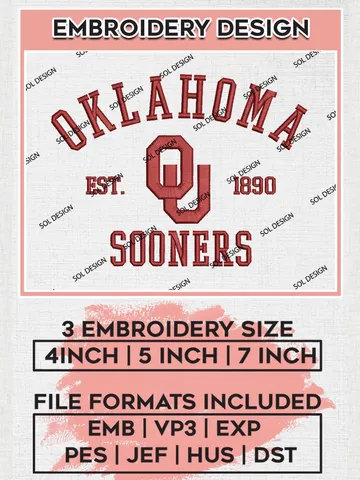 Oklahoma Sooners Est 1890 Logo Embroidery Designs, NCAA Oklahoma Sooners Team Embroidery, NCAA Team Logo, 3 sizes, Machine embroidery Files, Digital Download $6.99