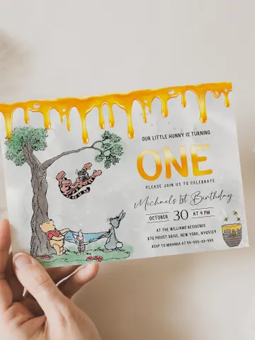 Winnie the Pooh Inspired First Birthday; Classic Winnie Pooh Invitations; Neutral Winnie Pooh Turning One; Winnie Pooh Birthday Party; wpg15 $12.78