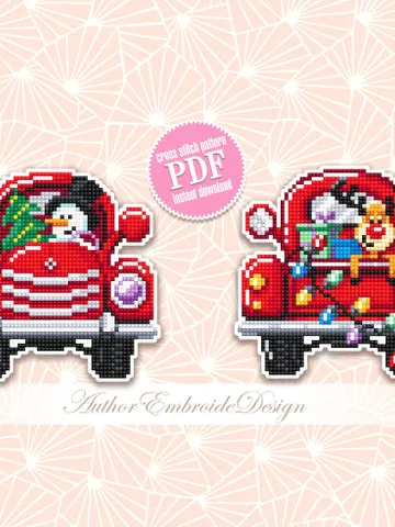 Christmas red truck cross stitch pattern PDF download Double-sided Christmas tree decor for plastic canvas, Funny deer cross stitch #N130 $3.60