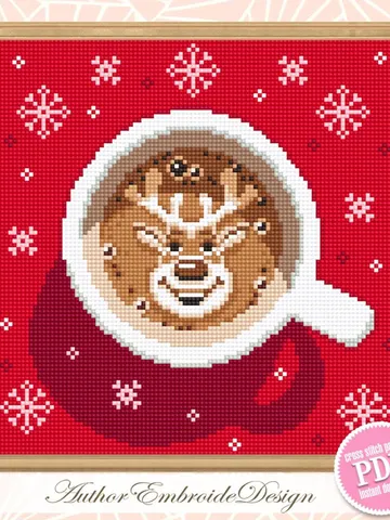 Christmas coffee cross stitch pattern PDF download Christmas cross stitch chart, Cup of latte cappuccino coffee with deer cross stitch #N149 $4.40