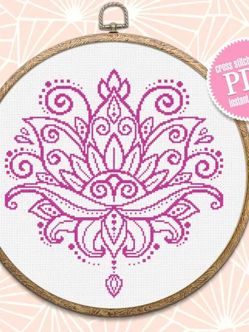 Flower lotus mandala cross stitch pattern download PDF, Floral ornament cross stitch chart, Monochrome mandala pattern, DIY Home decor #M25 $4.60