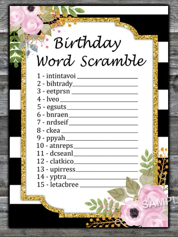 Black White Striped Birthday Word Scramble Game,Adult Birthday party game-fun games for her-Instant download $1.75