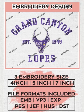 Grand Canyon Lopes Est 1949 Embroidery Designs, NCAA Grand Canyon Lopes Team Embroidery, NCAA Team Logo, 3 sizes, Machine embroidery Files, Digital Download $6.99