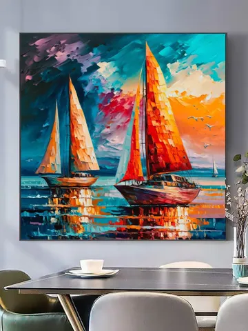 Original Colorful Sailboat Oil Painting on Canvas, Abstract Seascape Acrylic Painting Large Wall Art Custom Painting Living Room Wall Decor $138.32