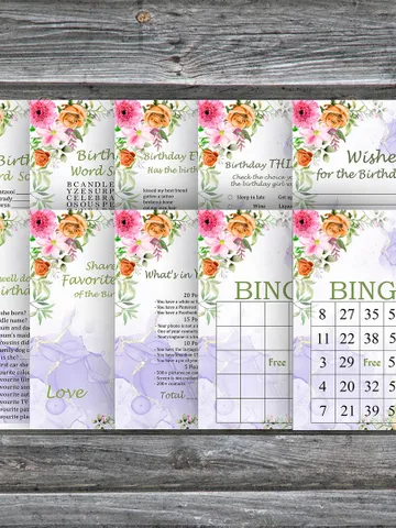 Pink Flowers Birthday Party Games bundle,Adult birthday games package,Printable Birthday Games,INSTANT DOWNLOAD $5.95