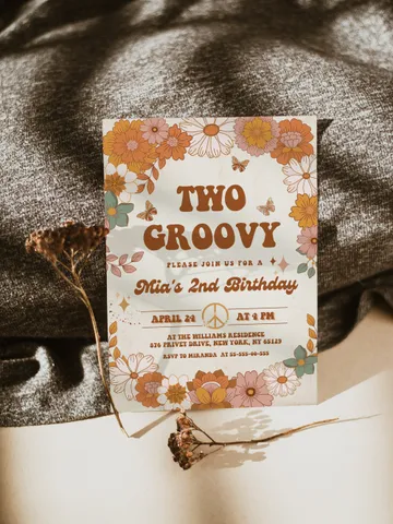 Two Groovy Baby Editable Any Age Pink Groovy Van Daisy Rainbow Hippie Birthday Invitation Let's get Groovy 1st Birthday Invitation ; gr4 $12.78