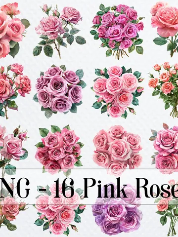 16 Pink Roses PNG Bundle, Watercolor Roses bouquet for sublimation, Paper craft, Printable Roses clipart, Digital download, junk journals $2.64