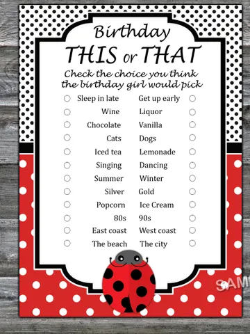 Ladybug Birthday This or that game,Adult Birthday party game-fun games for her-Instant download $1.75